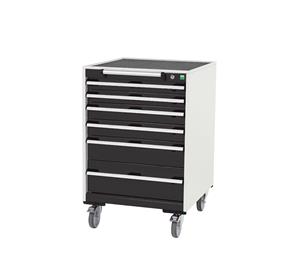 40402035.** Bott Cubio 6 Drawer Mobile Cabinet with external dimensions of 650mm wide x 650mm deep  x 985mm high. Each drawer has a 50kg U.D.L. capacity with 100% extension and the unit also features drawer blocking and safety interlocks....